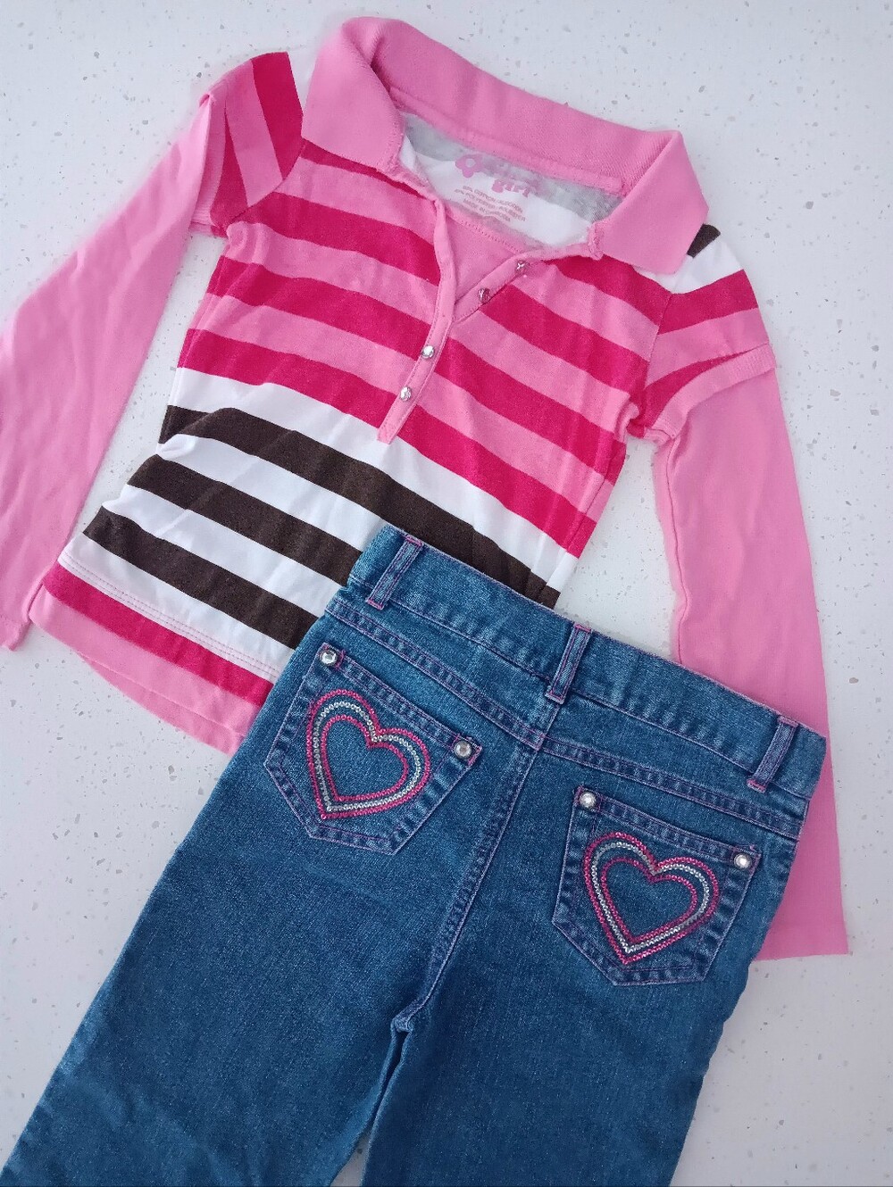 Vintage Girls' Pink Striped Longsleeve And Sequin Heart Blue Jeans Outfit Size 6